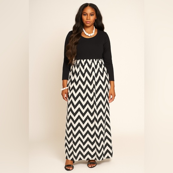- Minx Womens Size Medium 12 Maxi Dress Black white Chevron Pattern Long easy - Picture 1 of 4